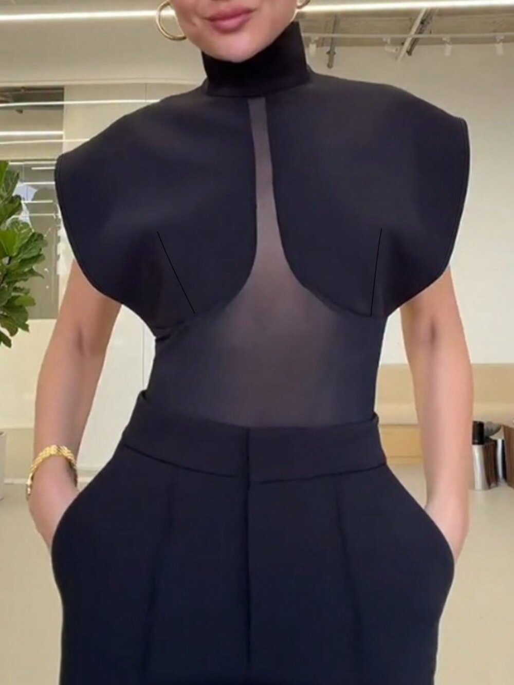 Black Elegant Women's Sheer Mesh Splice High Collar Sleeveless Jumpsuit